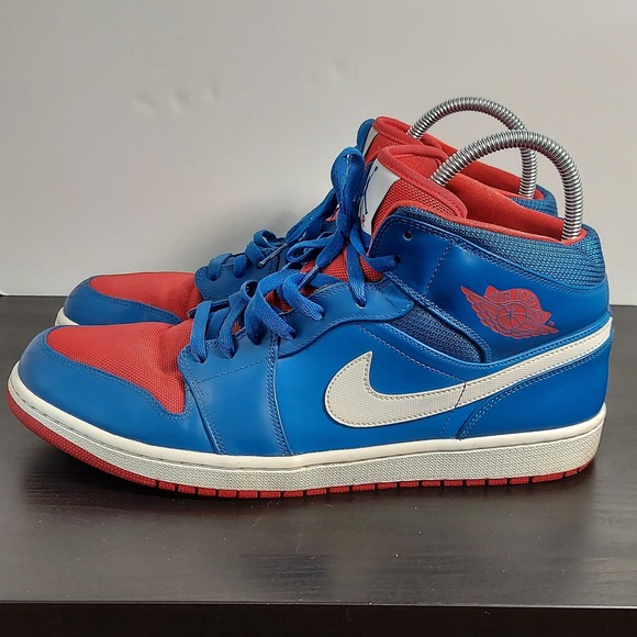Nike Air Jordan 1 Mid Shoes Mens Size 15 Blue Red White Basketball 551724-407 - Picture 1 of 12